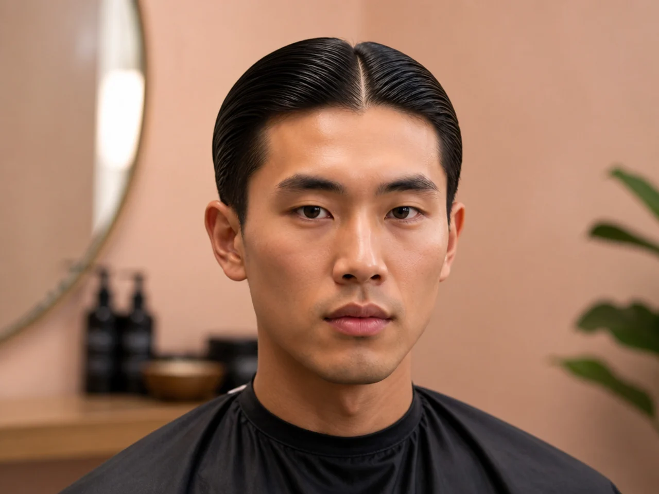 Sleek middle part slicked back with short sides and a razor-clean center part on straight hair