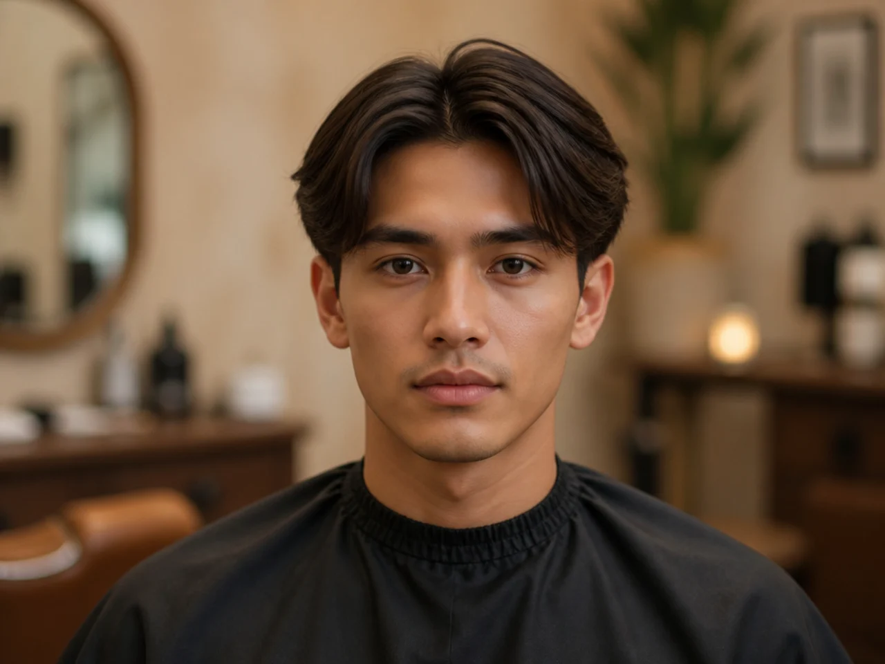 Straight-haired client showing a phone reference photo to a barber before a middle part cut