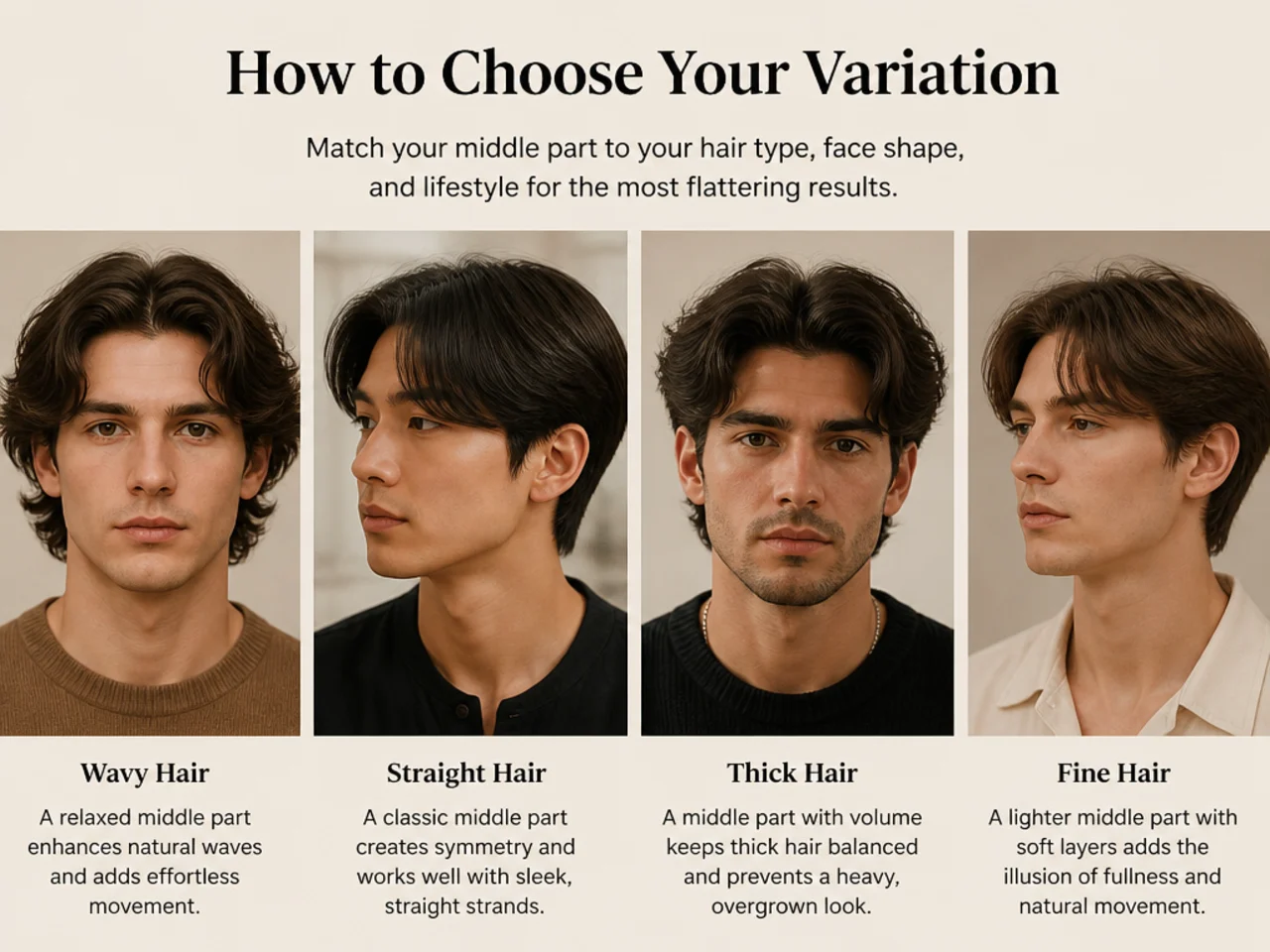 Three straight-haired men showing different middle part top lengths and side treatments