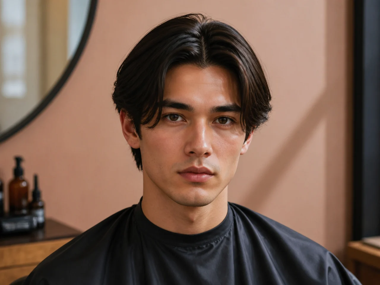 Fresh middle part on straight brown hair falling in clean curtains on both sides of the face