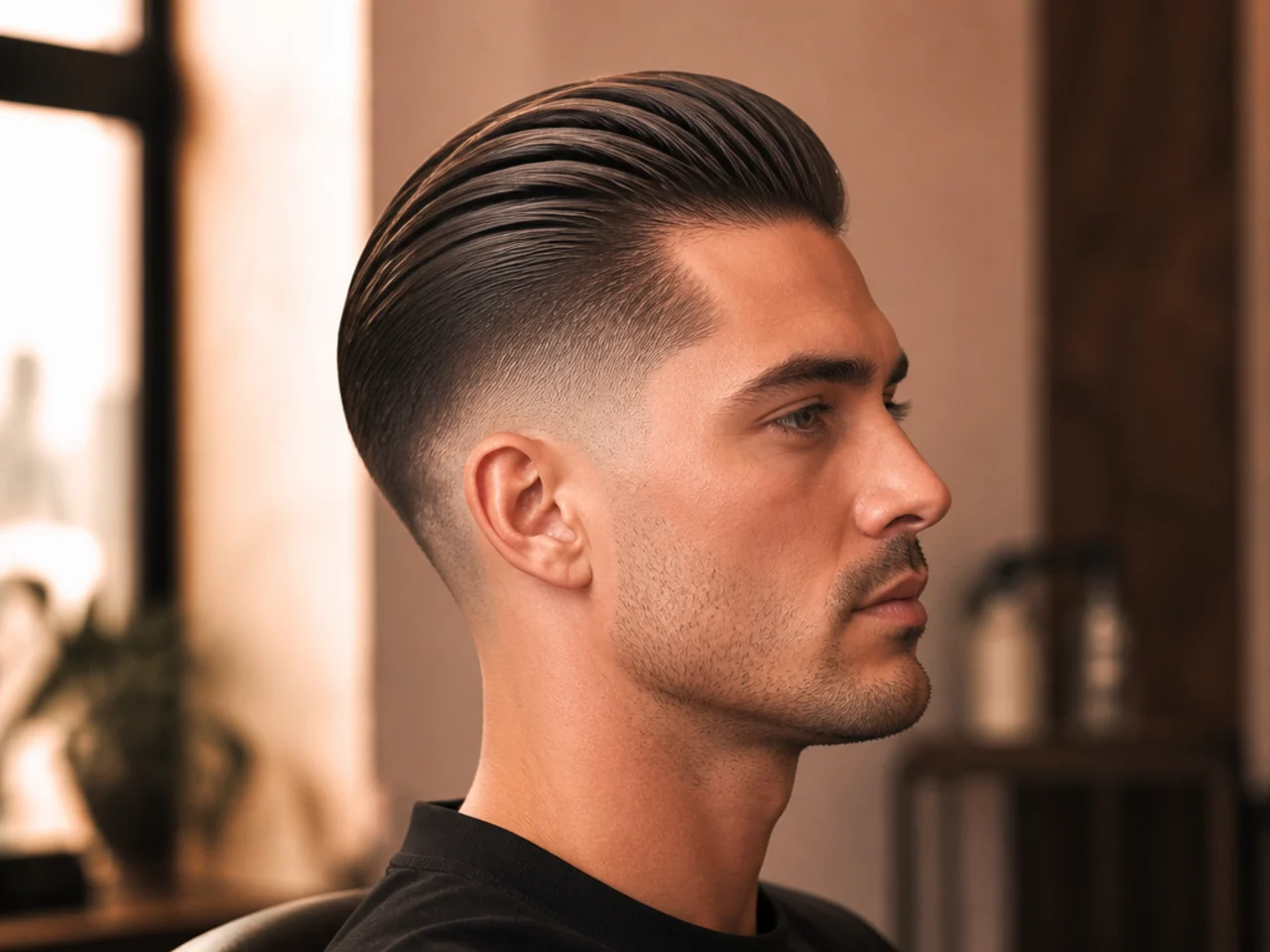 A slicked-back haircut