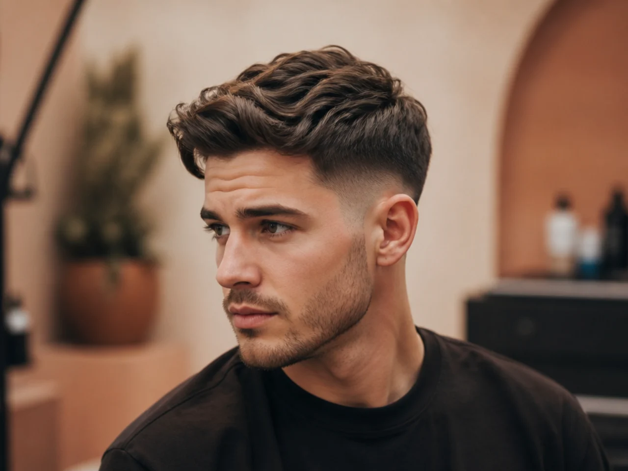 Three-quarter view of a well-specified men's haircut