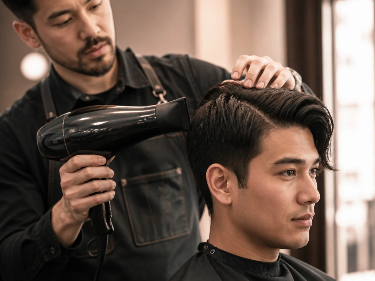 Barber blow-drying a man's damp side-parted hair with a round brush, training the roots away from the parting line