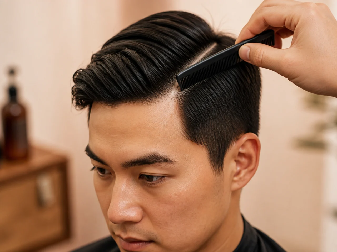 Close-up of a fine-tooth comb drawing a crisp side parting on a man's damp hair