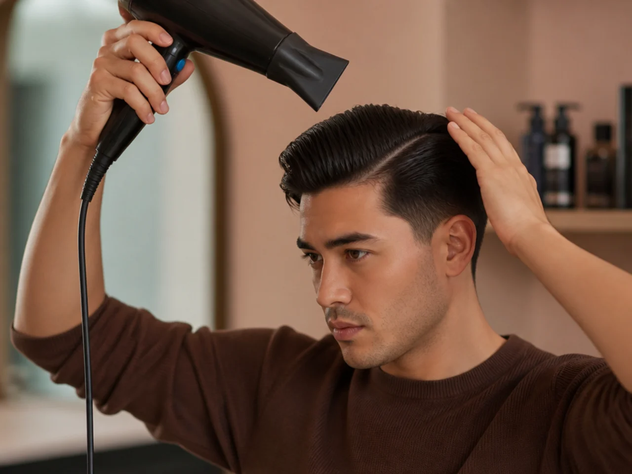 Man pressing the cool-shot button on a blow-dryer, holding it over a freshly combed side part