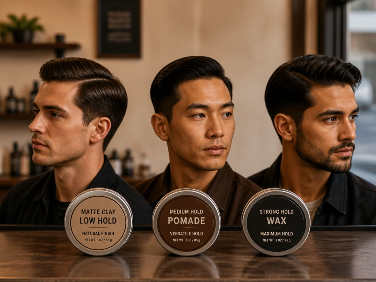 Three tins of pomade lined up on a barbershop counter — a matte clay, a medium-hold pomade, and a strong-hold wax