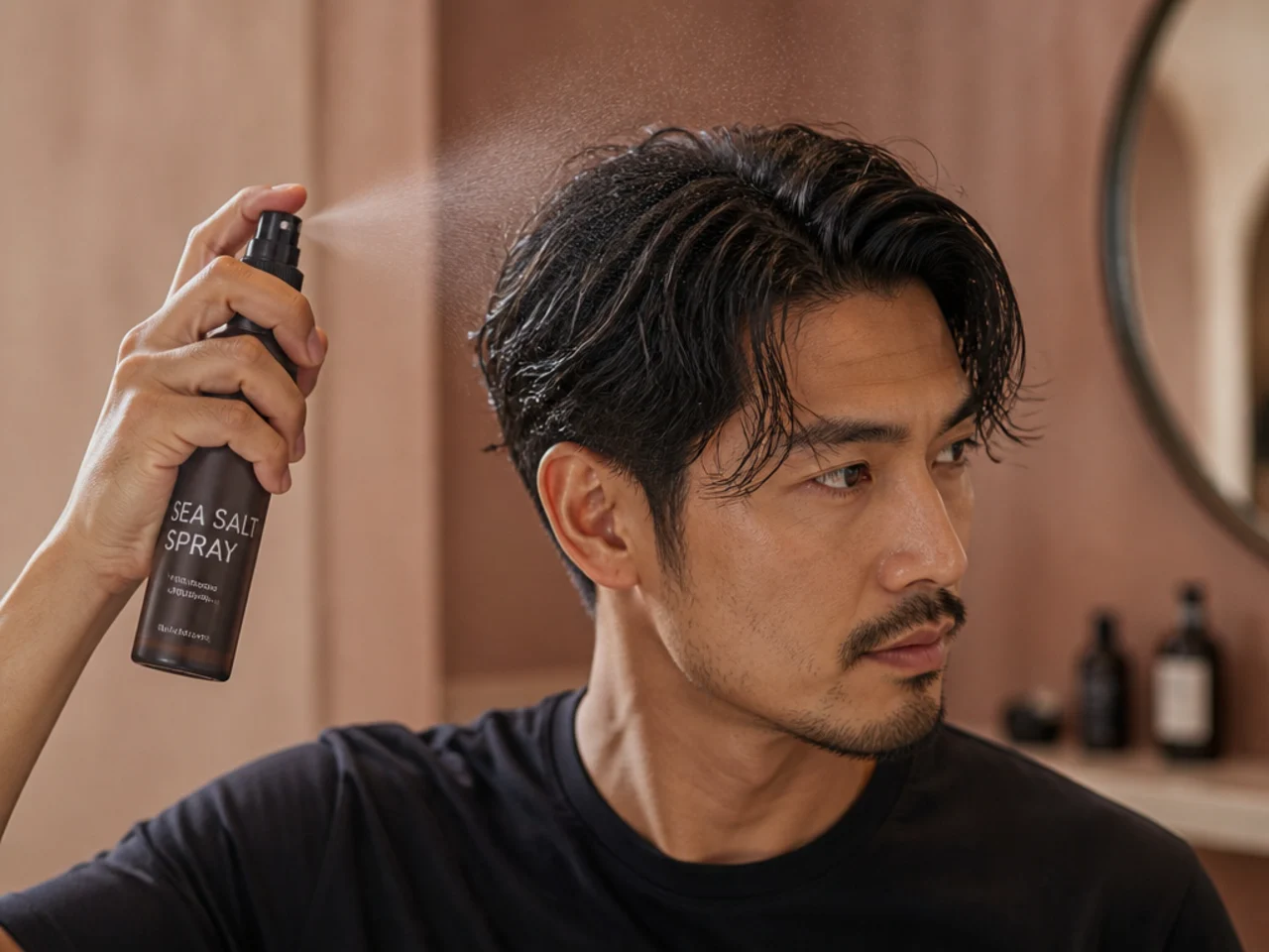 Man spraying sea-salt spray onto damp hair from a bottle held six inches from the head