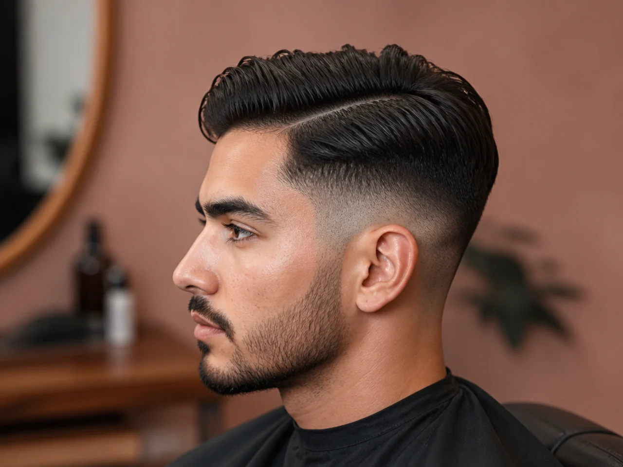 Barber trimming the top of a client's hair with scissors, defining the side parting for a trained side part