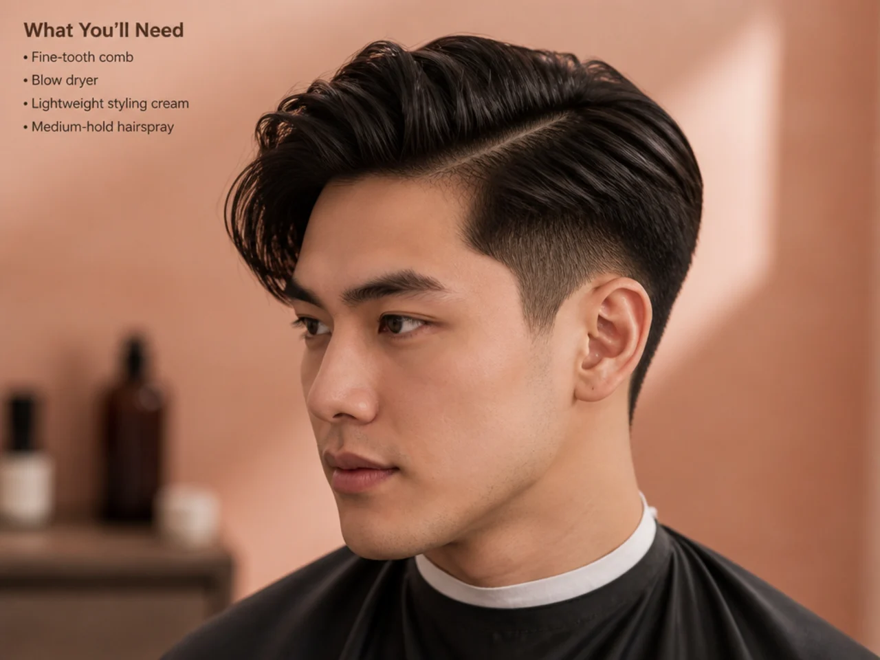 Side part styling kit: blow-dryer, sea-salt spray, fine-tooth comb, matte pomade, and hairspray laid out on a barber station