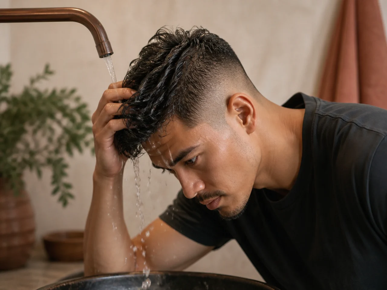 Hair being re-wet under a tap