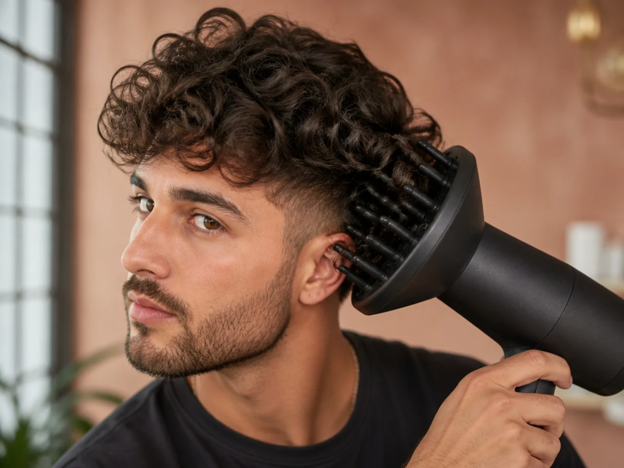 A diffuser cupped under curly hair