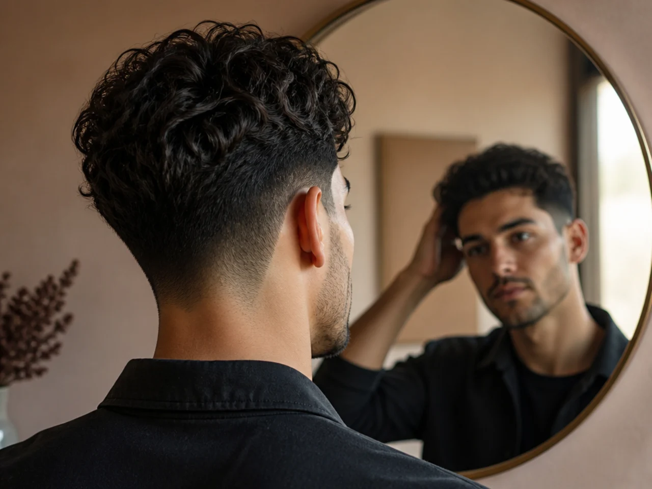 A man checking his hair's natural fall in a mirror