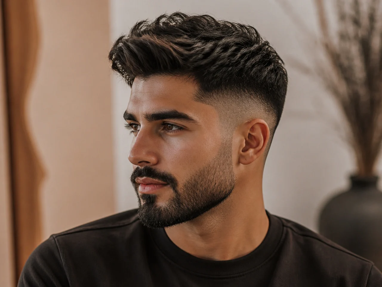 Three-quarter view of a haircut on thick hair