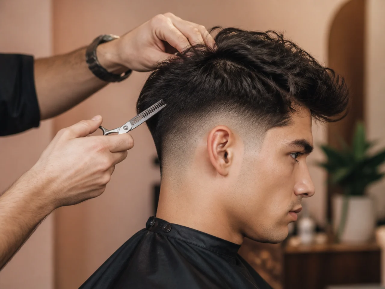 A barber removing weight from underneath a thick section