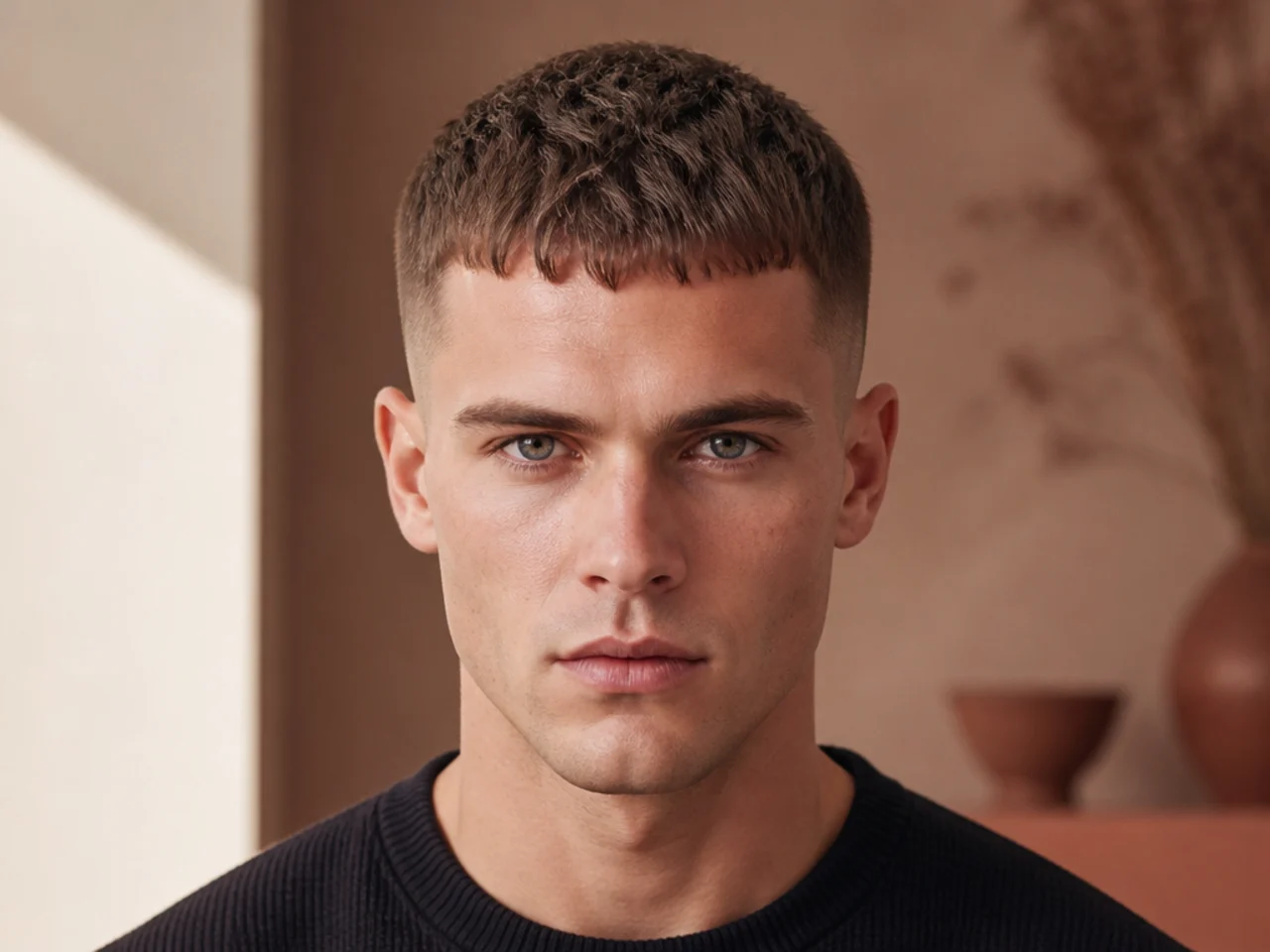 A Caesar cut covering a receding hairline