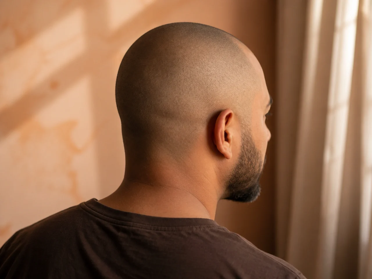 A shaved head on a man with thinning hair