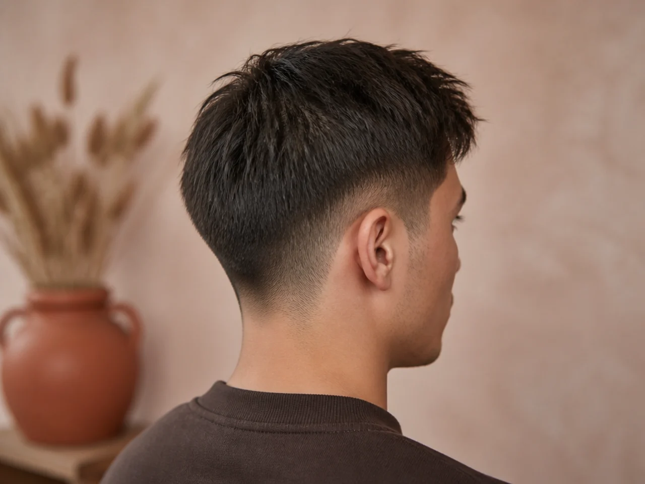 A low taper with a short top on thin hair