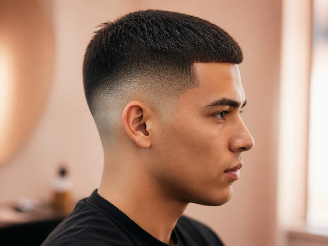 A mid fade with a blunt top on thin hair