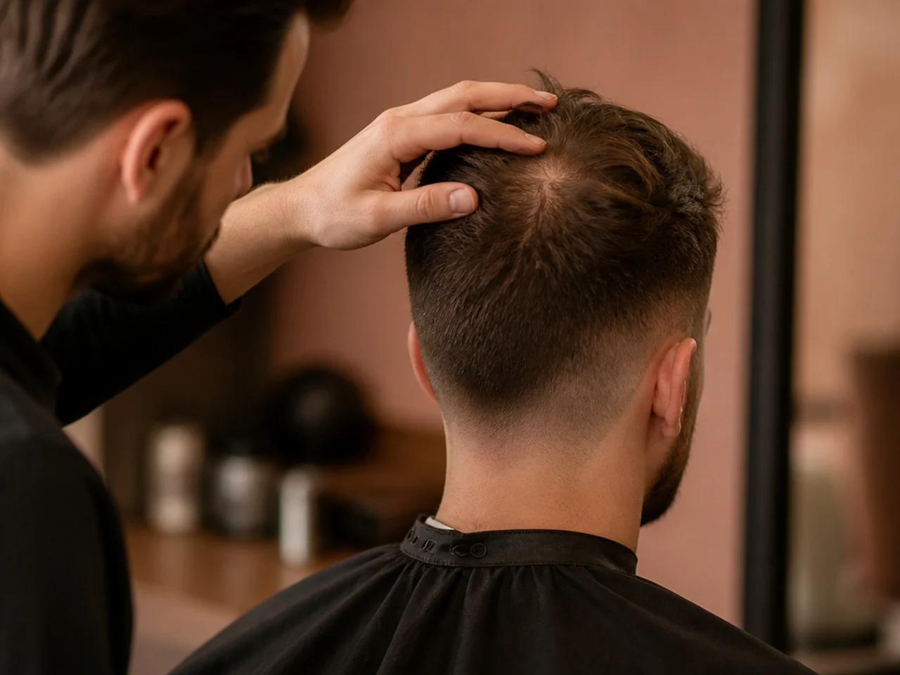 A barber assessing where density has thinned