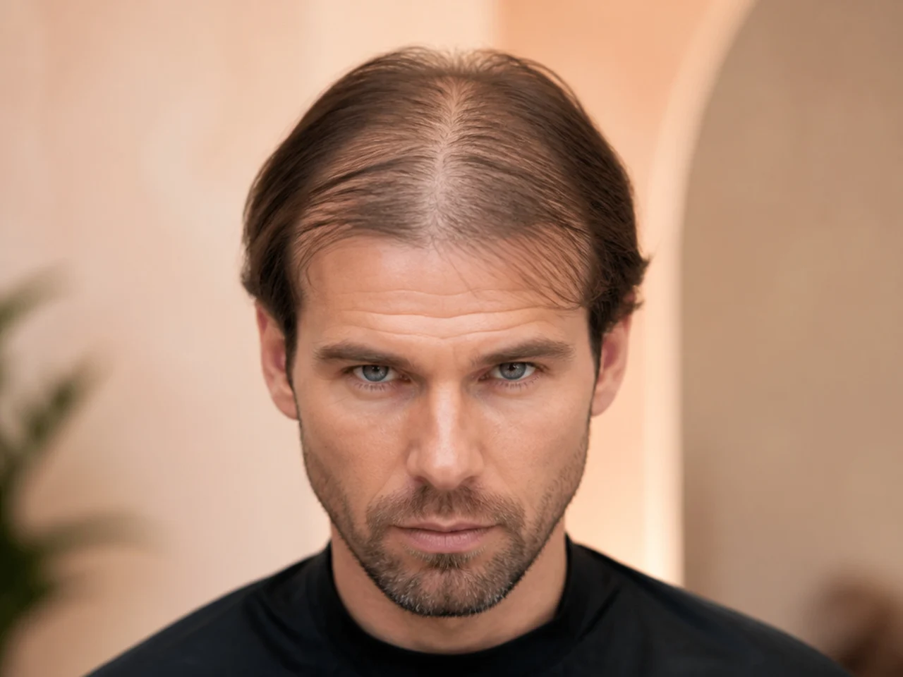 Long thin hair separating and showing scalp