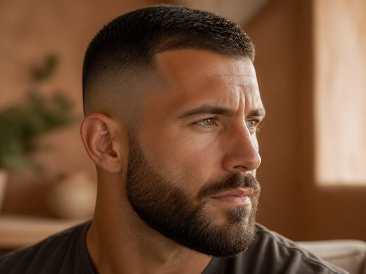 Short hair worn with a full beard
