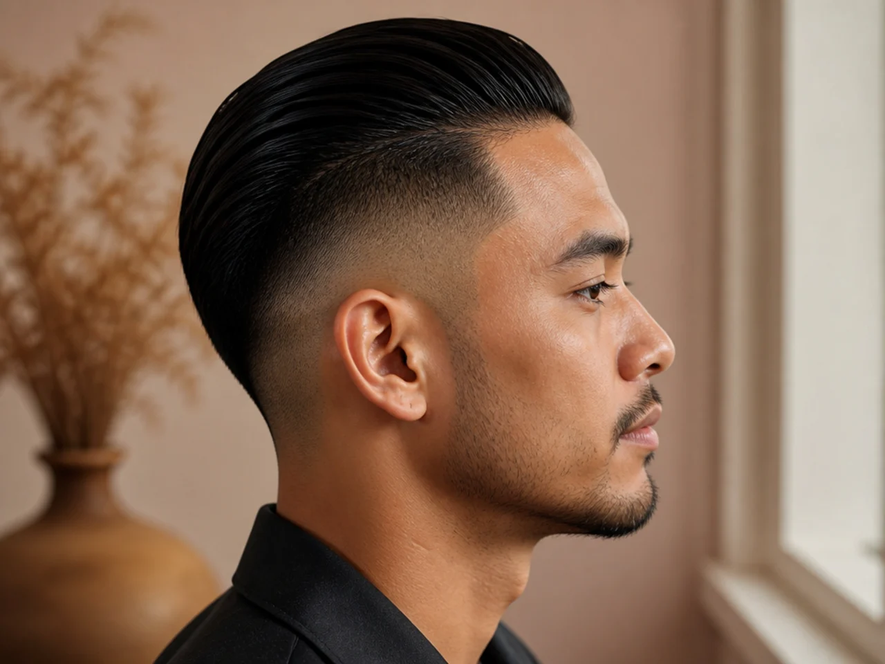 A slicked-back haircut