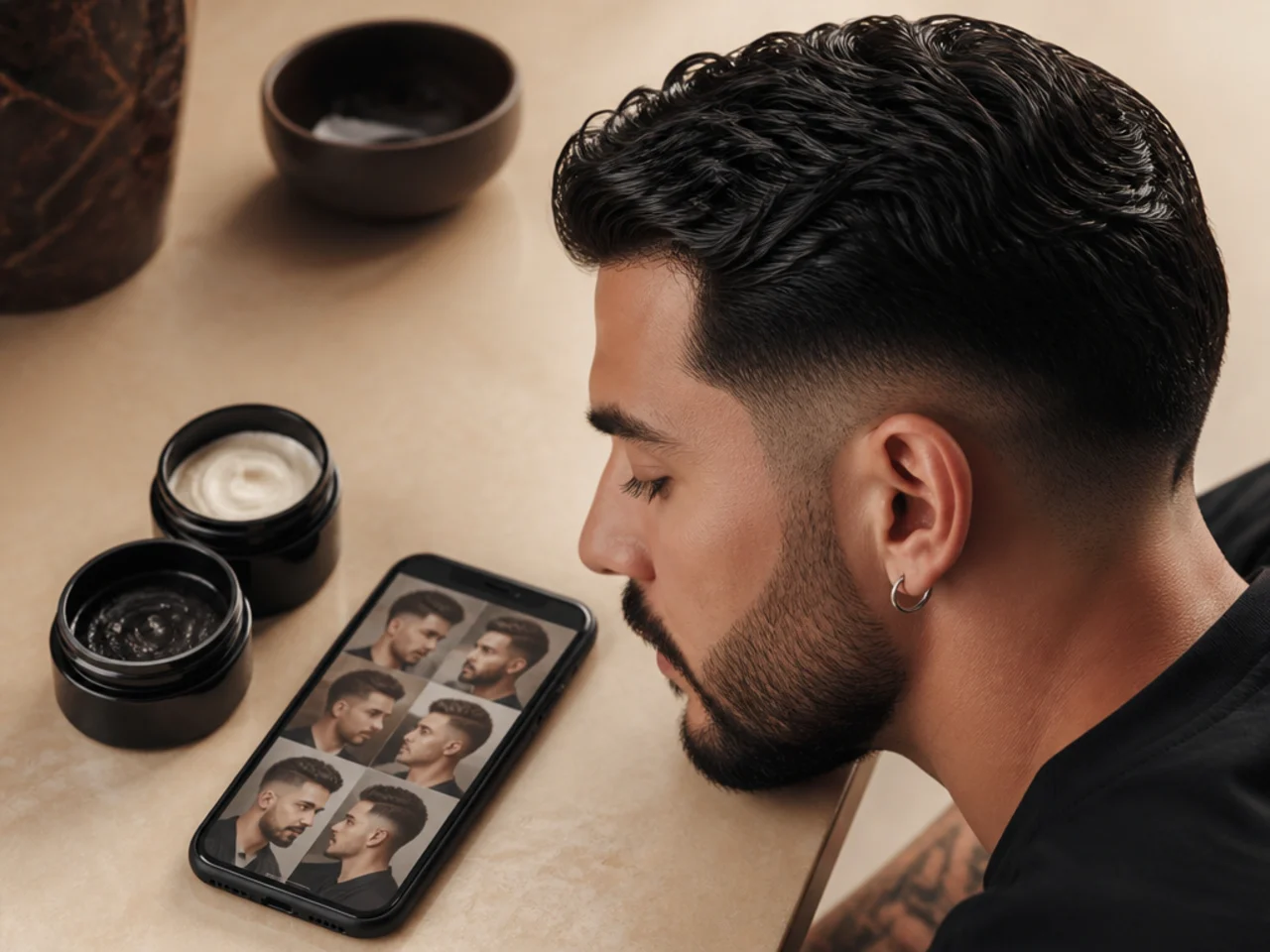 Two styling products beside a phone with reference photos
