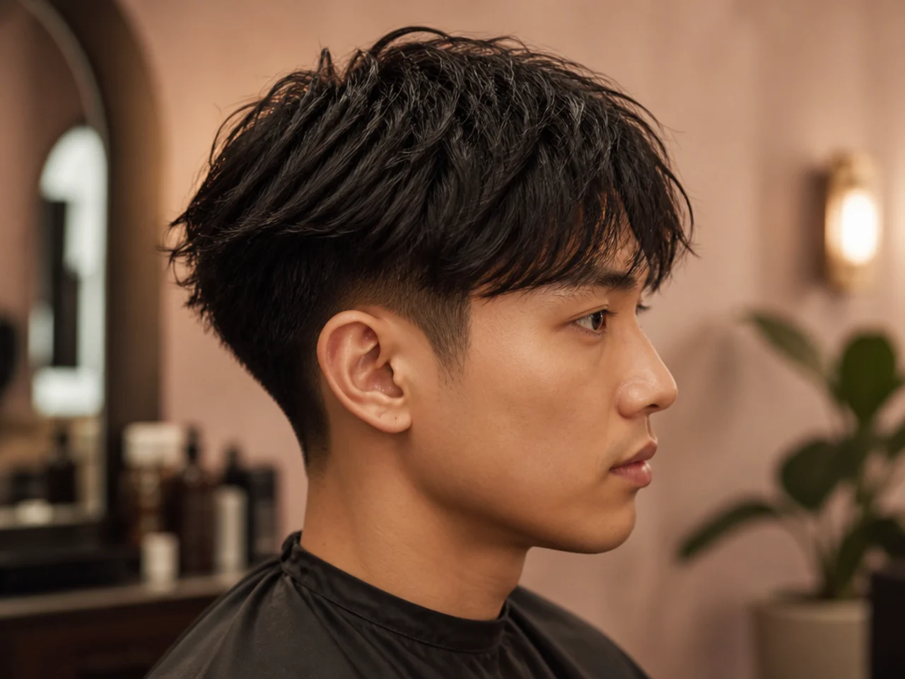 Barber shop consultation with client showing a reference photo for a two block haircut