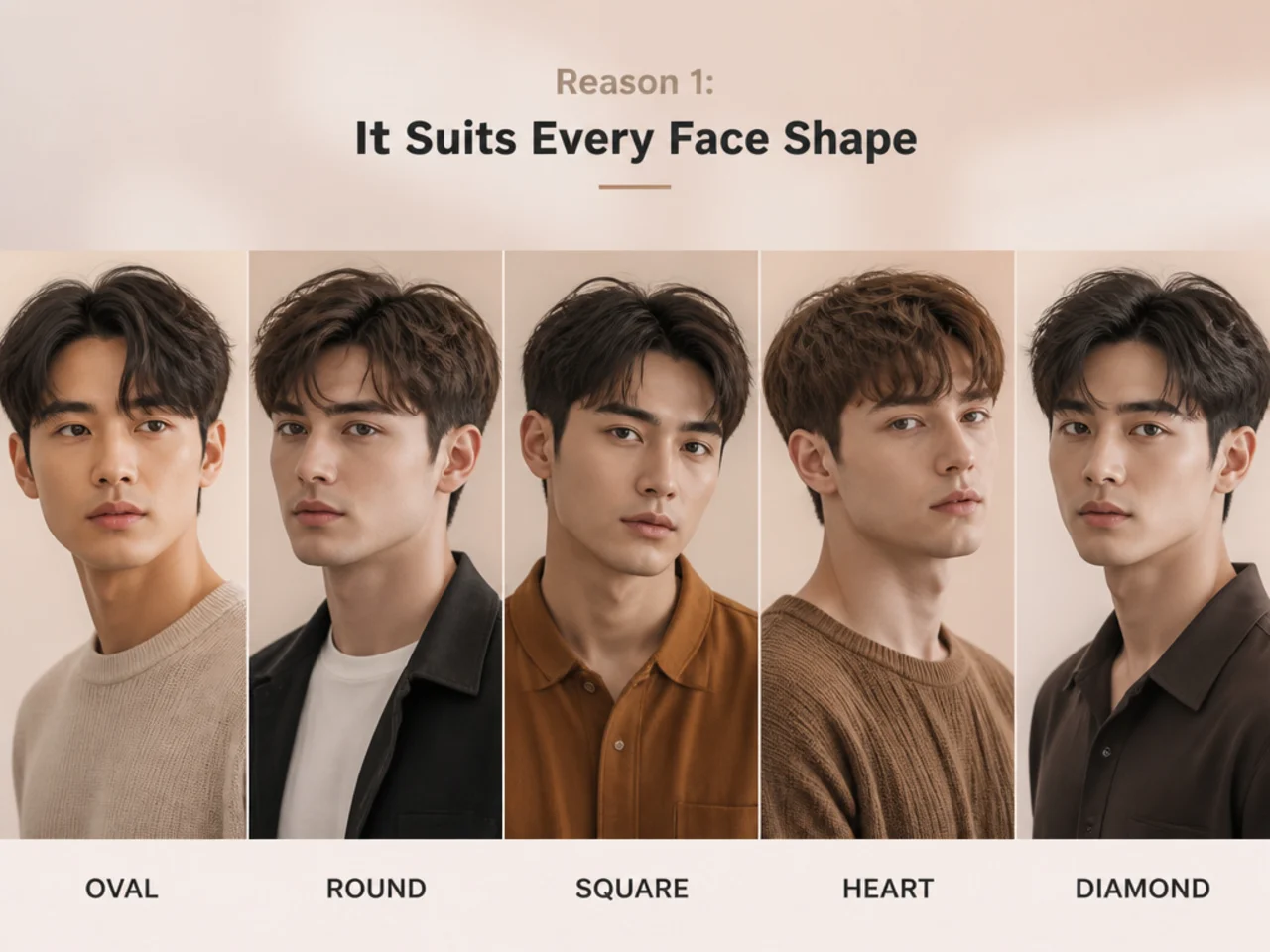 Two block haircut variations on four different face shapes — oval, round, square, and heart