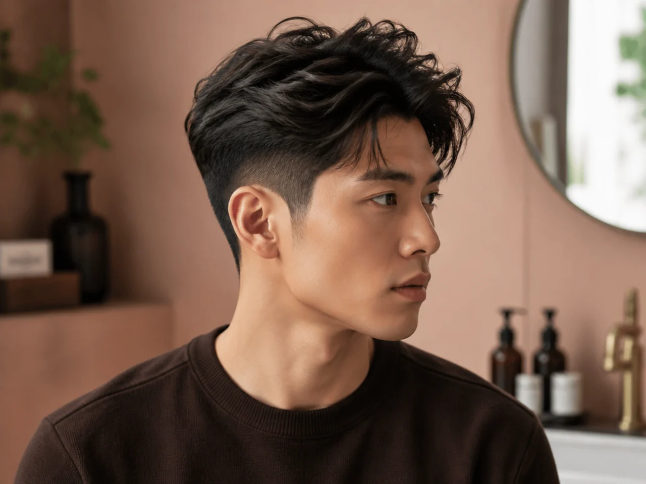 Man styling a two block haircut with a small amount of matte clay in front of a bathroom mirror