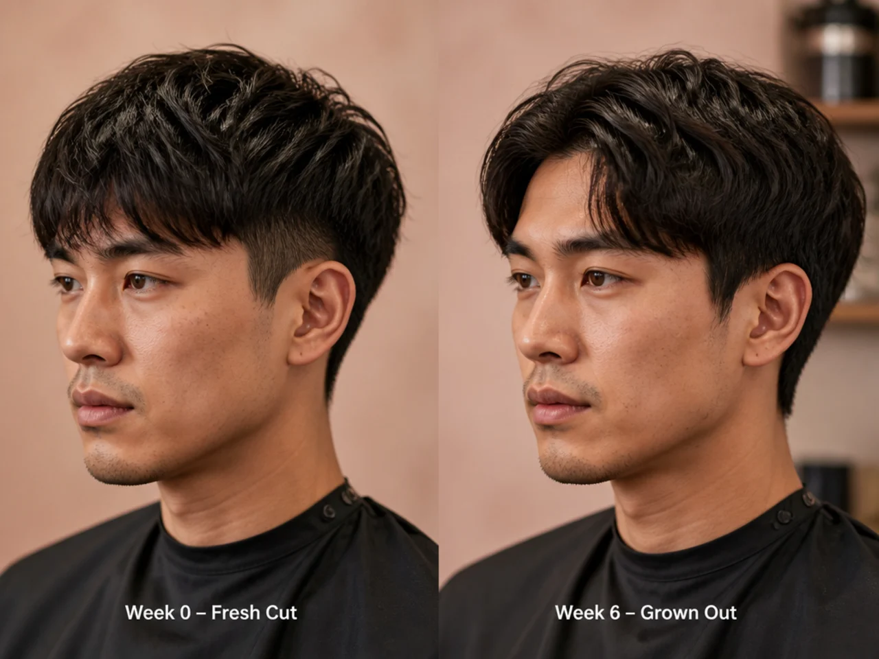 Two block haircut compared at week one and week six showing minimal shape change over time