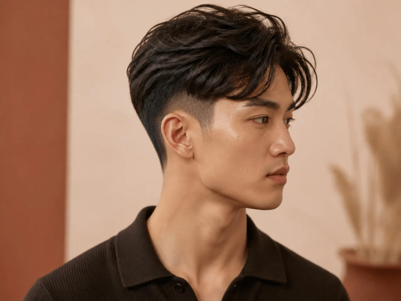 Editorial portrait of a man wearing a modern two block haircut in a professional office setting
