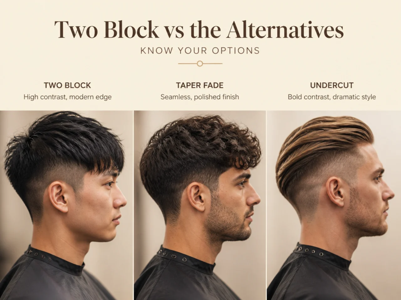 Side by side comparison of two block haircut against undercut, taper fade, and classic short back and sides