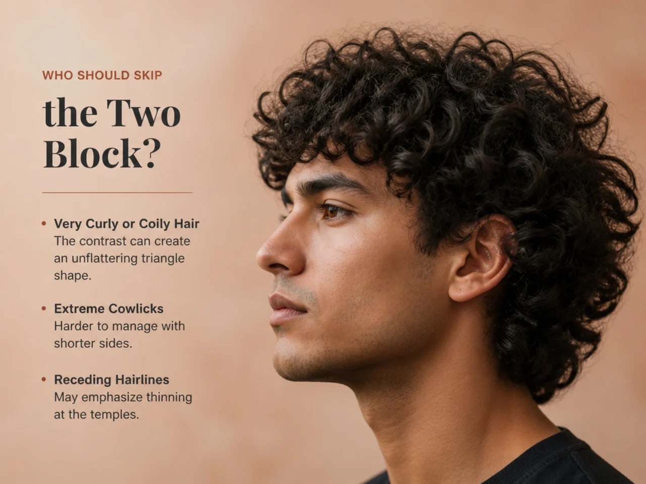 Illustration of hair types and workplace scenarios where the two block haircut may not be the best choice