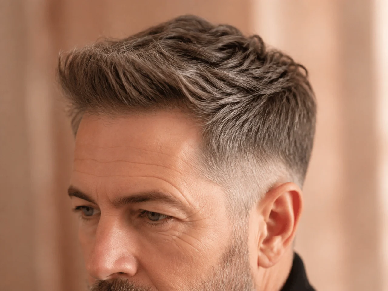 A softened lower quiff on an older man