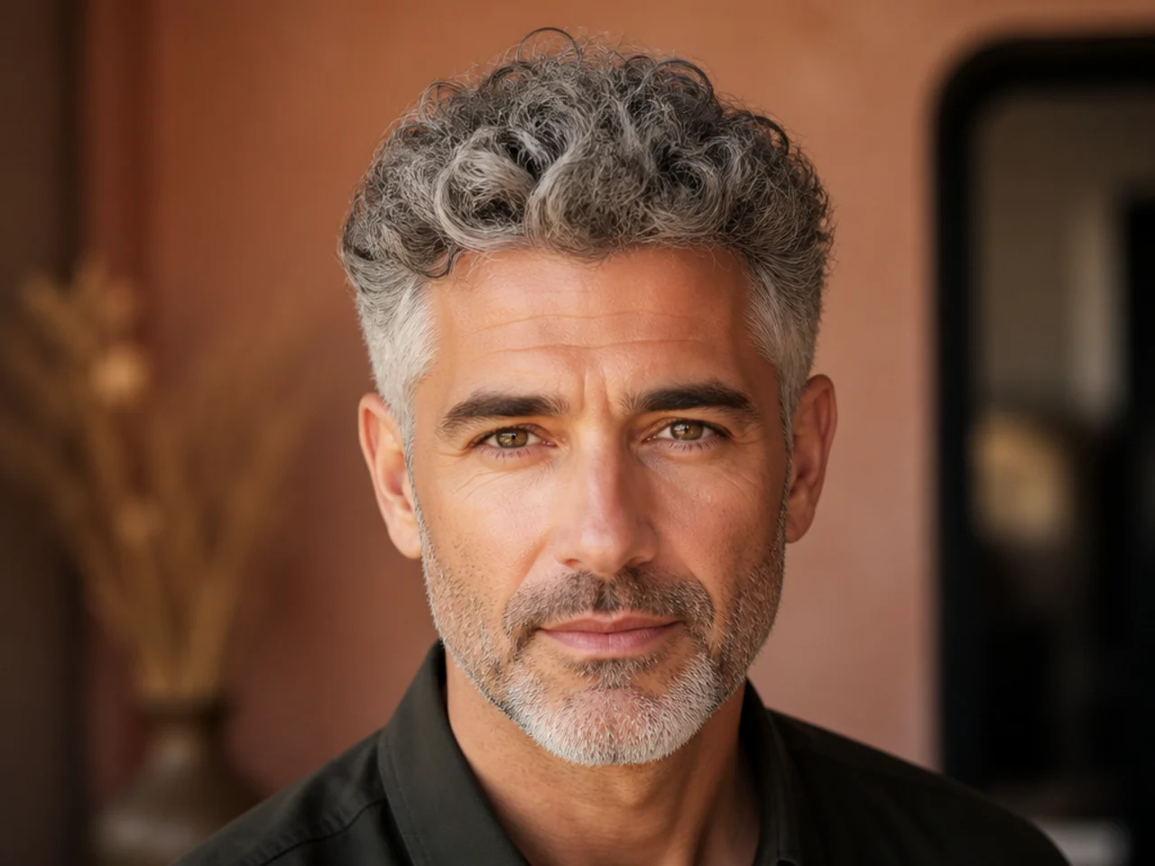 Curly grey hair with a taper