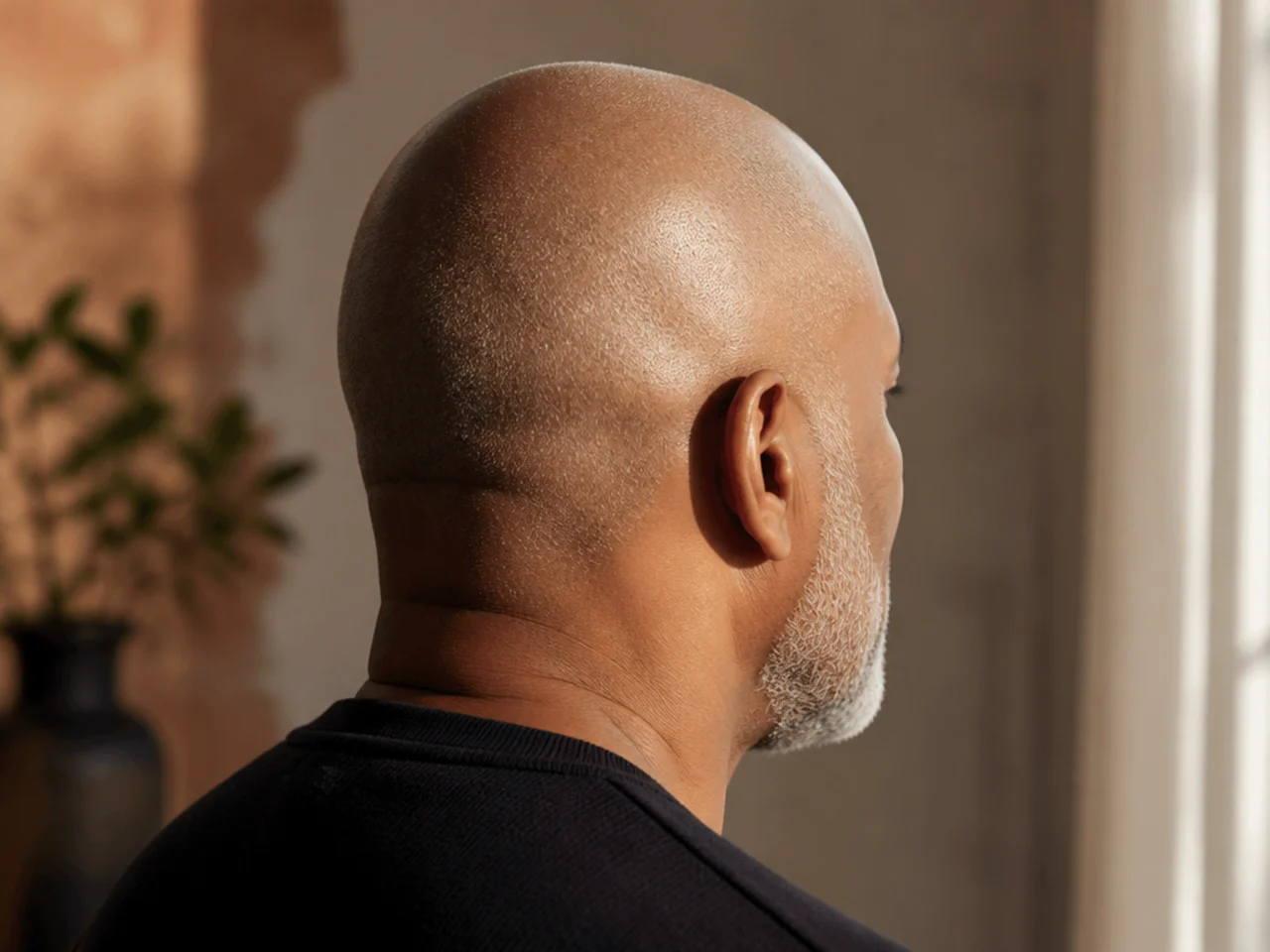 A clean-shaven head on an older man