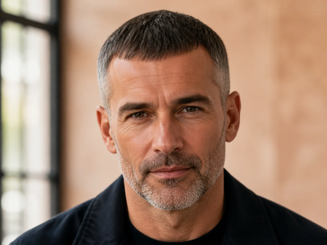 A Caesar cut on a receding hairline