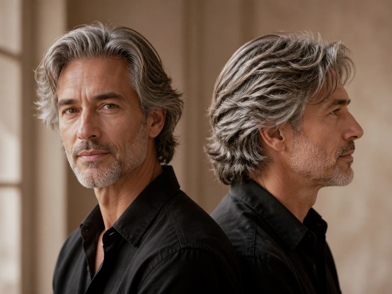 Medium-length layered grey hair
