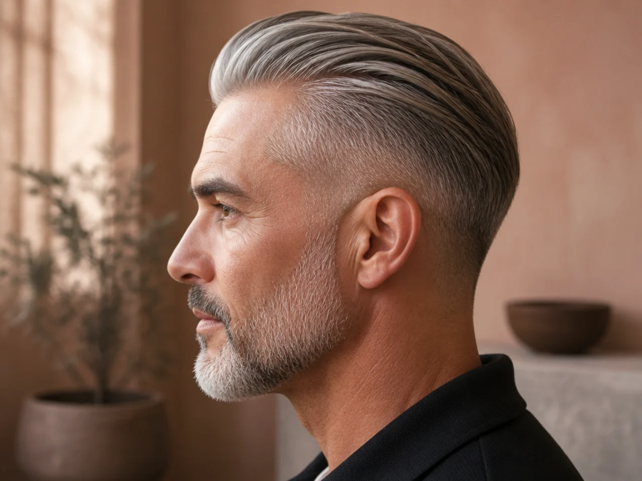 A slick back with softened ends on grey hair