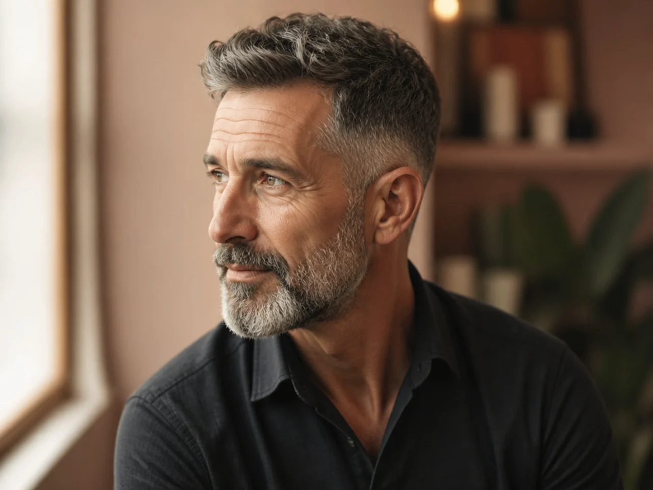 Three-quarter view of a haircut on an older man