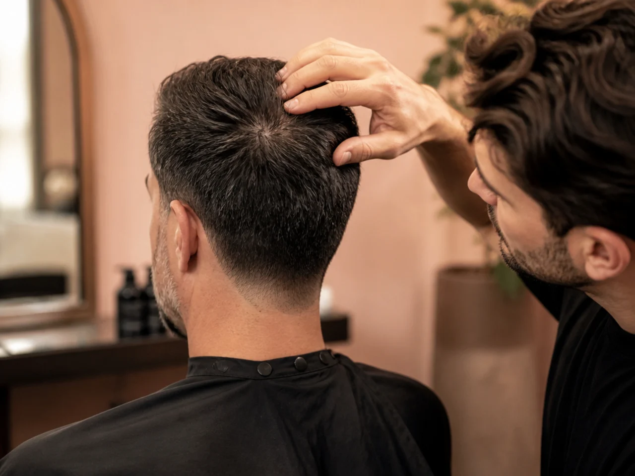 A barber assessing density across the crown