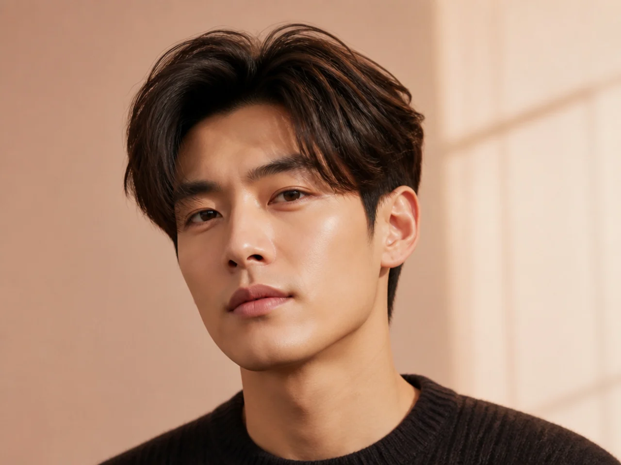 K-blowout on a young Korean man with root-lifted voluminous top and clean scissor-blended sides on straight black hair