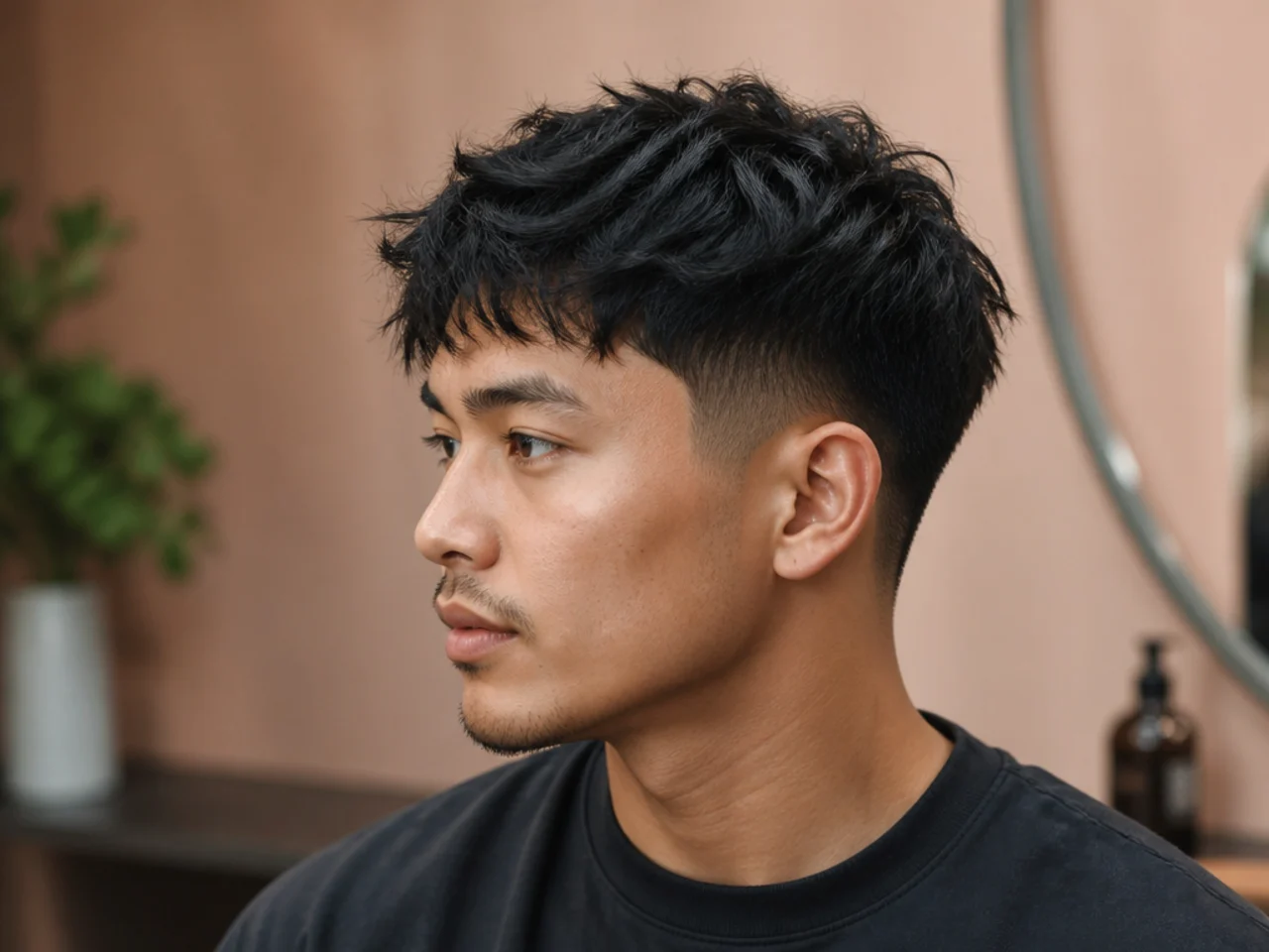 Textured crop with low taper on a young Asian man with choppy point-cut top and forward fringe on straight black hair