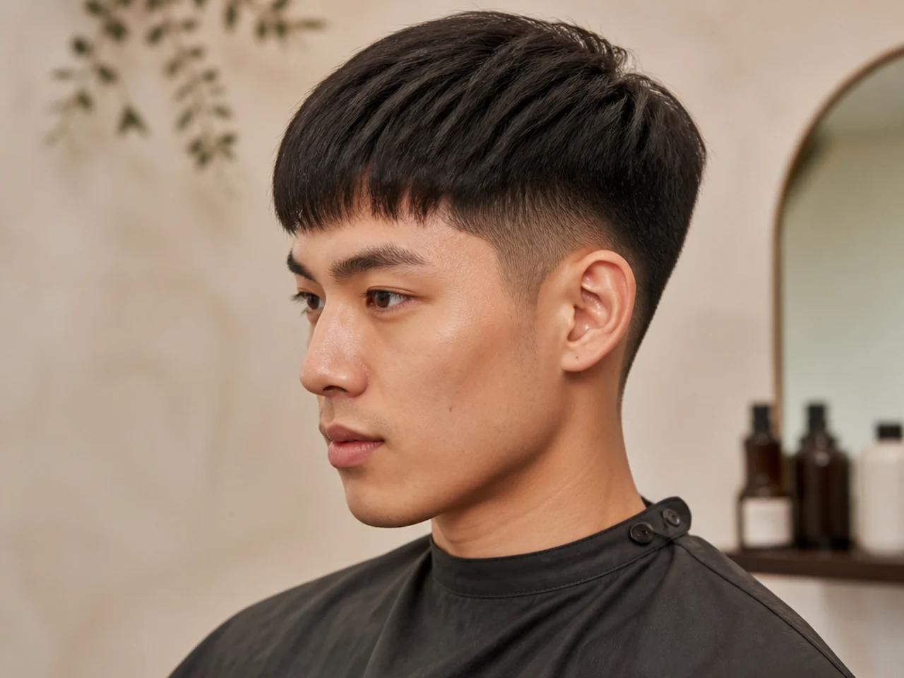 Asian edgar crop on a young man with straight blunt fringe cut at the eyebrow line and short taper on the sides