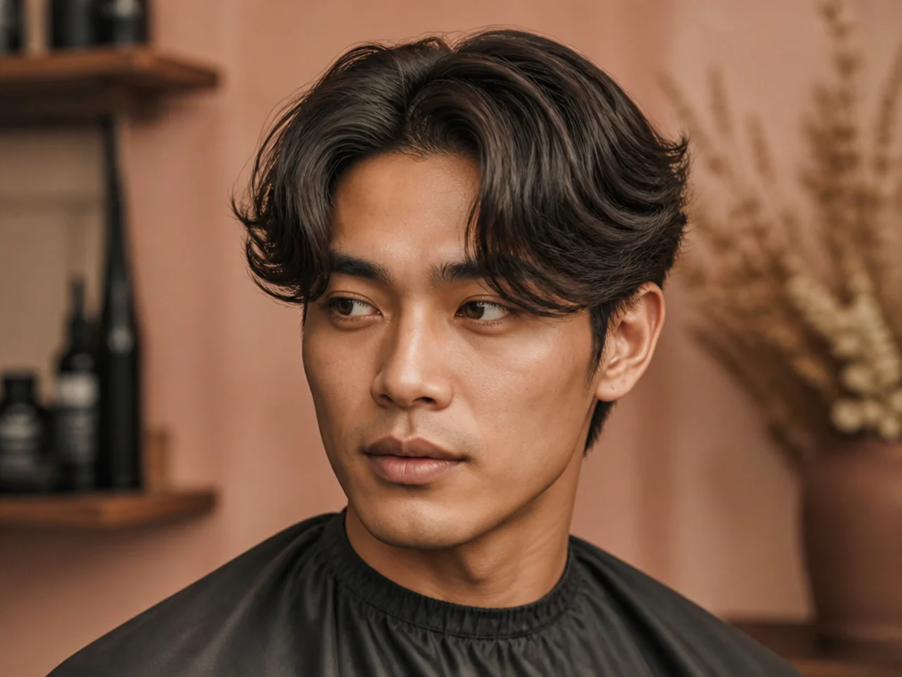 Center-curtain flow on a young Asian man with 6-inch center-parted layers falling past the ears on wavy black hair