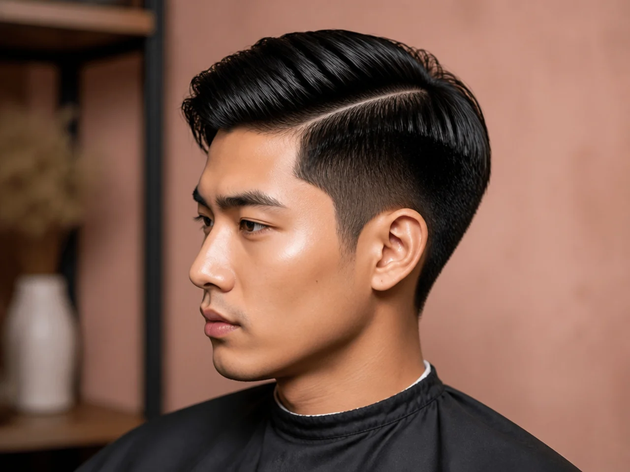 Sharp side part on an Asian man with 3-inch top parted deep on one side over scissor-blended sides on straight black hair
