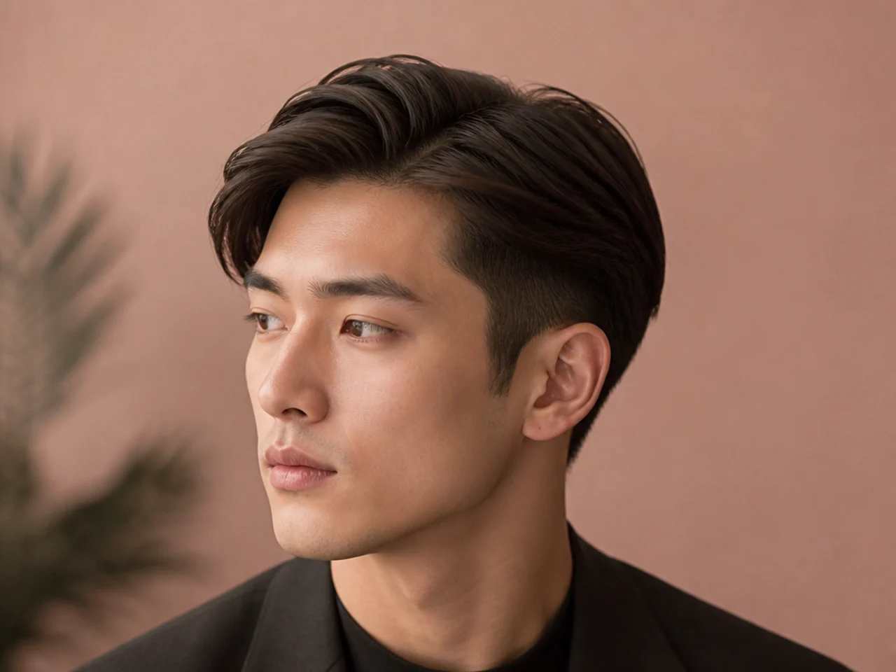 Ivy League sweep on a young Asian man with 3-inch top swept to one side and clean scissor-blended sides on straight black hair