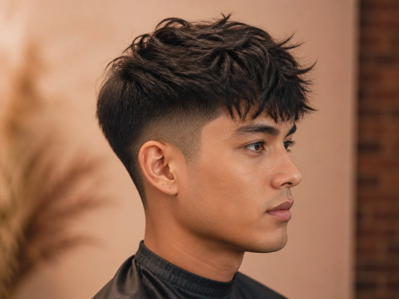 Messy fringe with low fade on a young Asian man with textured forward-swept top and clean fade at the ear on straight black hair
