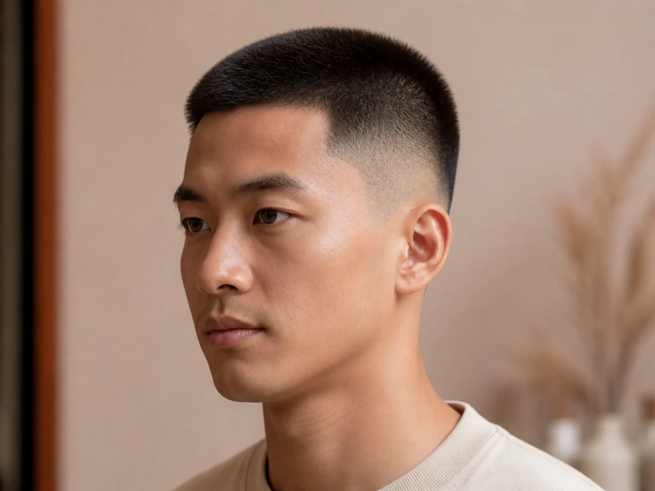 Asian buzz cut with skin taper on a young man showing clean number two all over and skin taper at the ear on dense black hair